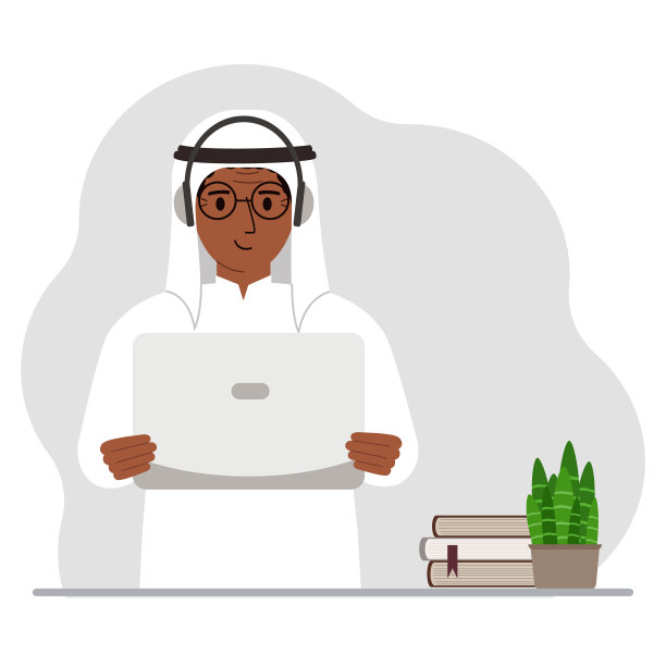 穆斯林男子带着笔记本电脑和耳机工作图片下载