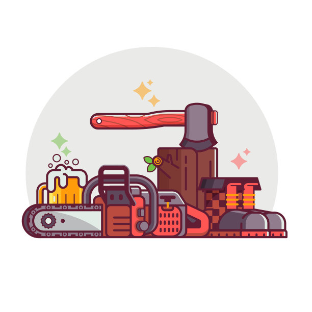 木刻线条艺术场景与伐木设备图片下载