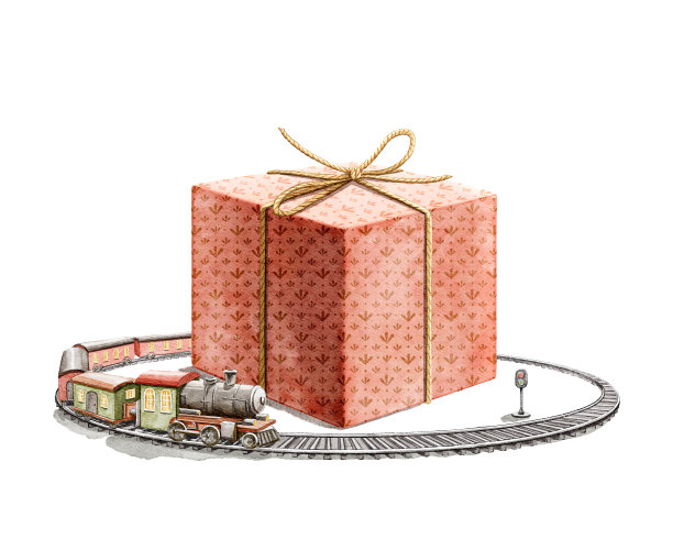 水彩红色礼物盒与绳弓和玩具圆形铁路与火车图片下载