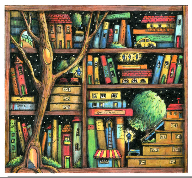 有房子、树、书和灯的神奇书架或书柜。图片下载