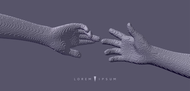 手伸向彼此。人际关系、团聚或伙伴关系的概念。像素数据集艺术。3 d矢量插图。可用于广告、营销或演示。图片下载