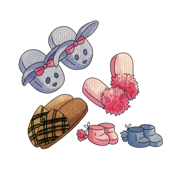 有笼子图案的男士家用拖鞋，有绒球的粉色拖鞋，兔子形状的淡紫色拖鞋，婴儿靴图片下载