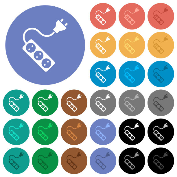 便携式电源插座与三个插座和延长线和插头实心圆平面多色图标图片下载