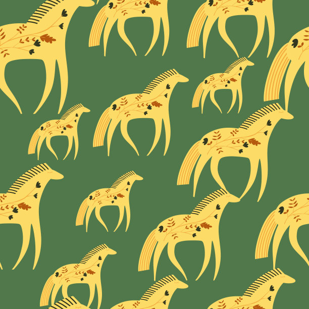 手绘马无缝图案。可爱的卡通壁纸，有野花和风格化的动物。图片下载