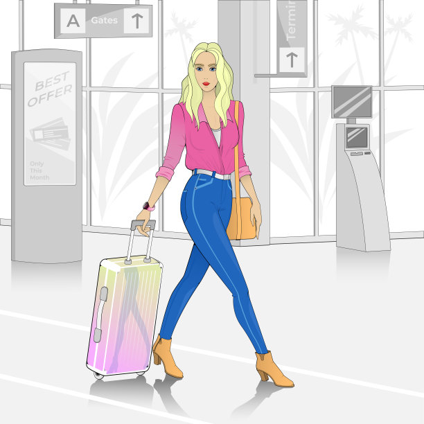 女孩拿着行李在机场大楼里。图片下载