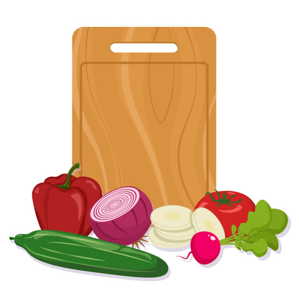 菜板旁的蔬菜孤立在白色背景上。平的风格图片下载