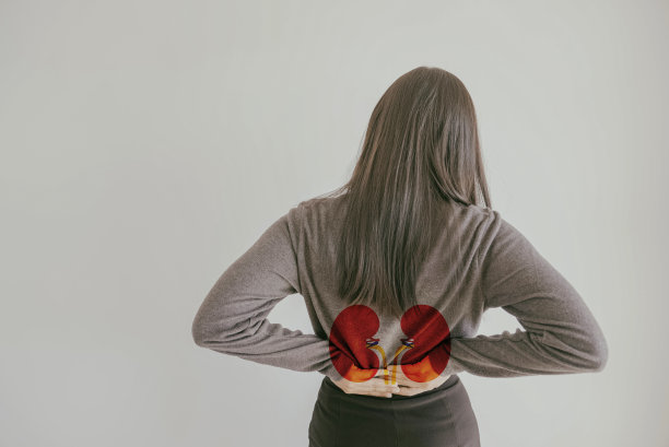 女性患腰痛伴肾形、慢性肾病、肾衰概念的后视图图片下载