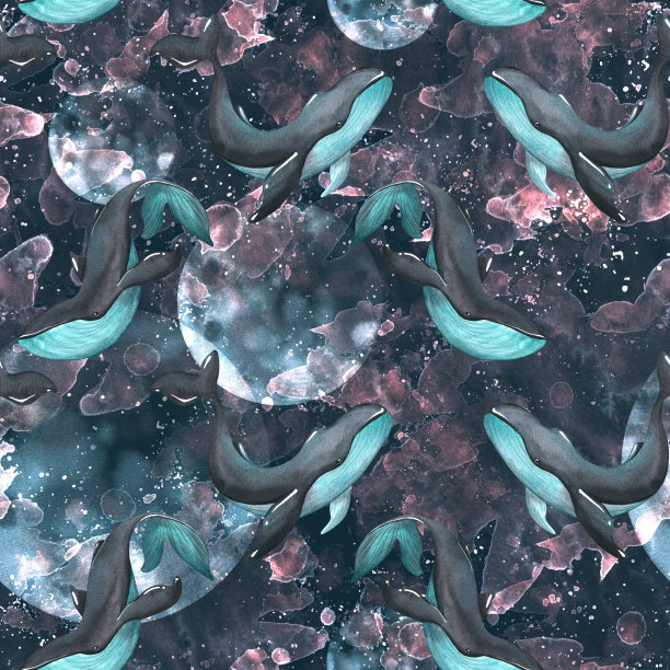 以蓝鲸为背景的月球，以及外太空。水彩插图。无缝模式从一大组鲸鱼。适用于织物、纺织品、墙纸、印刷品、包装纸、服装图片下载