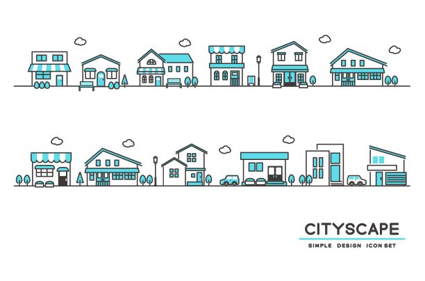 简单可爱的城镇景观矢量插画材料，如商店、房子和建筑/房子/住宅图片下载
