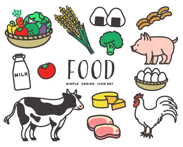 简单可爱的大米、蔬菜、鸡蛋等图标矢量插画材料/牲畜/食材图片下载