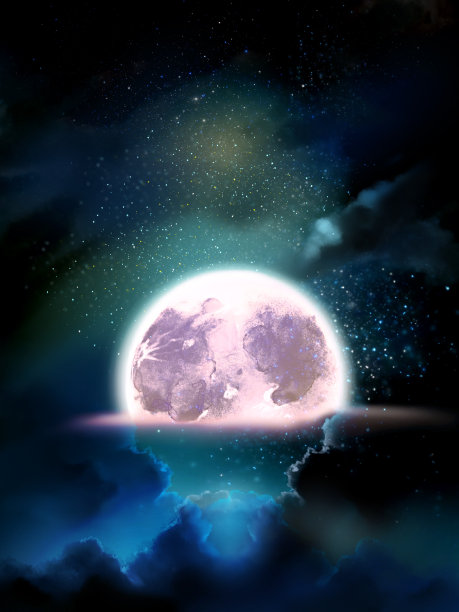 奇妙的景观插图，夜空反射的海洋和一个大的闪亮的满月一半沉入水中图片下载