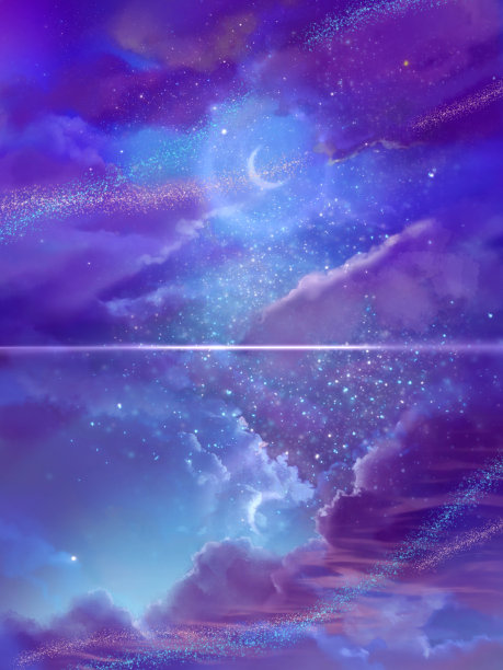 一弯新月在五彩缤纷的空间中闪耀，美丽的彩虹云海和星星在水面上反射图片下载