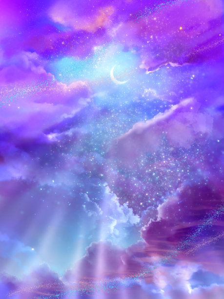 一弯新月在五彩缤纷的空间和一个美丽的彩虹云海和星星的梦幻插图图片下载