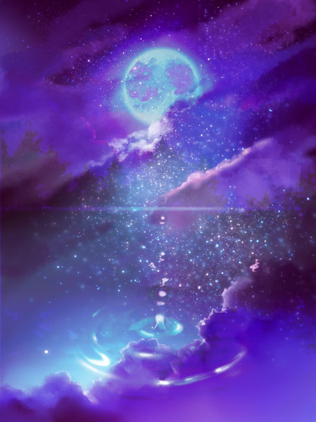 满月在五彩缤纷的空间中闪耀，美丽的彩虹云海和星星在水面上反射图片下载