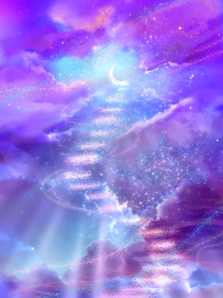 幻想背景剪贴画的彩色云彩在夜空和一个楼梯的星星走向新月。图片下载
