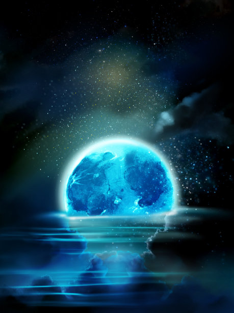 奇妙的景观插图，夜空反射的海洋和一个大的闪亮的满月一半沉入水中图片下载