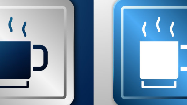 白色咖啡杯图标孤立在蓝色和灰色上图片下载