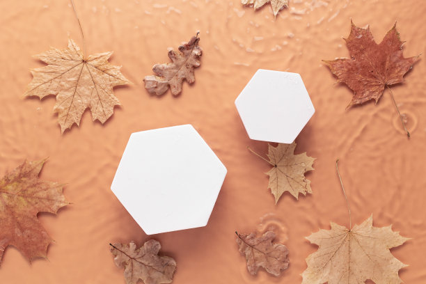 最小的化妆背景与秋叶。白色圆形平台上模糊透明清澈平静的水面与大理石纹理溅起的泡沫。图片下载