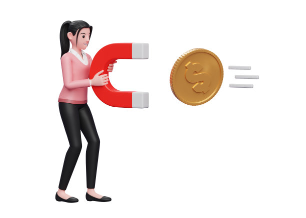 甜美的女孩在粉红色的毛衣站吸引钱使用磁铁，3d插图的商业妇女在粉红色的毛衣持有一美元硬币图片下载