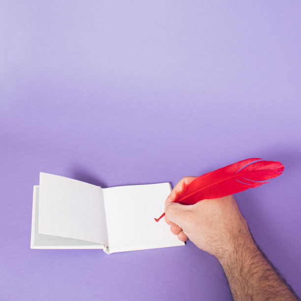 男人的手开始写与羽毛在清楚的白色书在紫色的背景与拷贝空间。最小的读书会想法。开始写新的开始的想法。图片下载