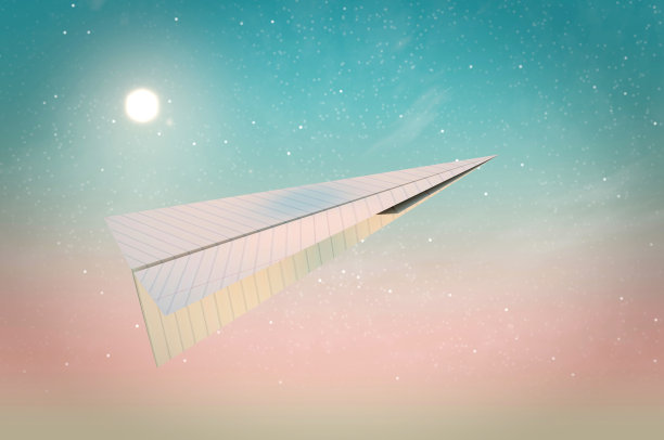 3D插画，3D效果图，对目标企业成功的概念，创业，创意。纸飞机白色的飞在天空的云之间。美丽的自然景观。图片下载