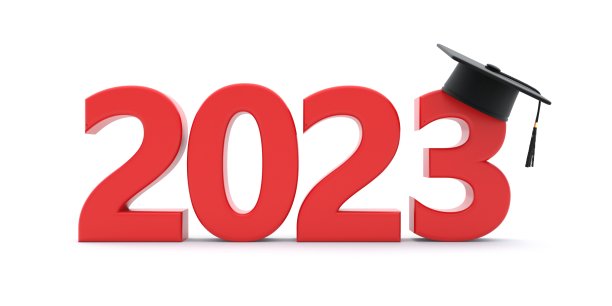 2023新学年，班级毕业。红色数字和梯度帽孤立在白色上。图片下载