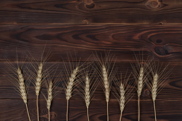 麦穗串在质朴的木制背景。图片下载
