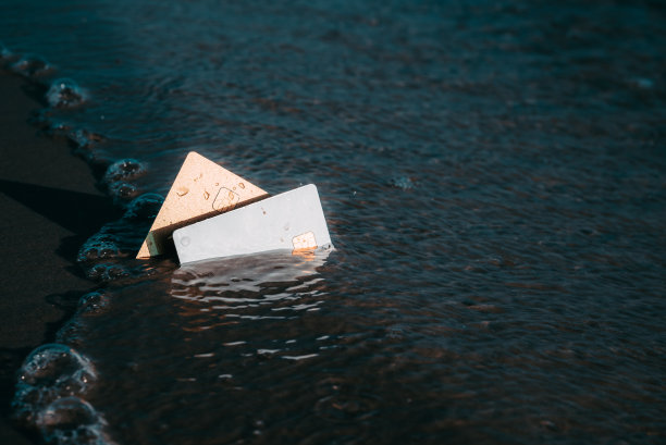 岸上的沙滩上有两张银行卡，它们是被水洗过的。为自然付出的概念。副本的空间。图片下载
