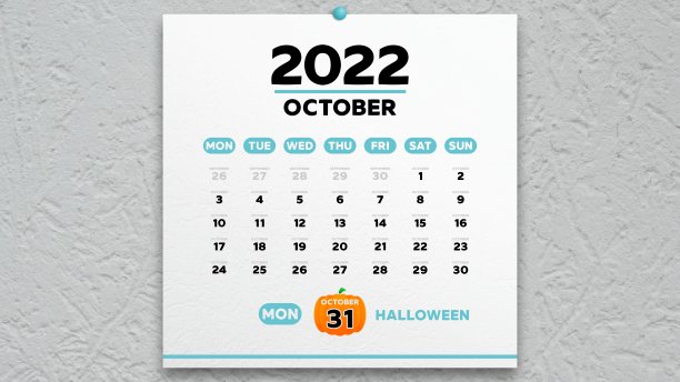 2022年日历上美丽的十月一页，上面写着大大的万圣节日期图片下载