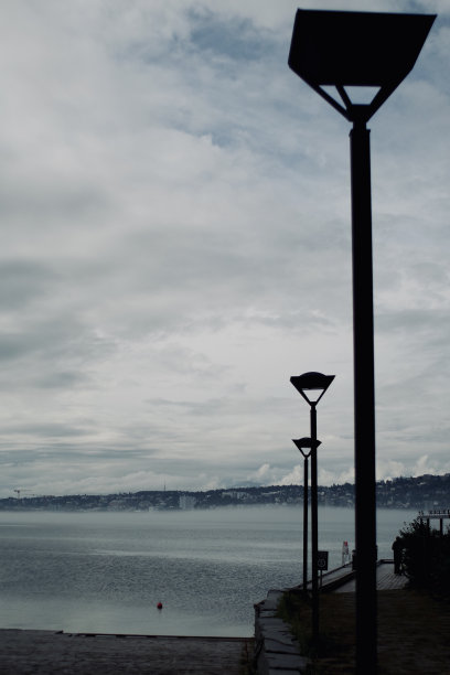 一排可以看到峡湾的街灯图片下载