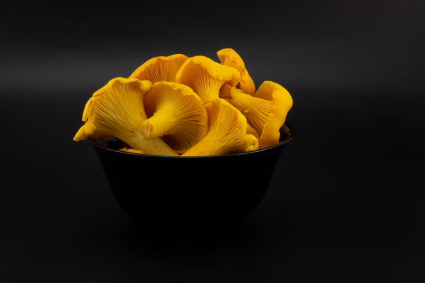 金色鸡油菌在黑色的碗里图片下载