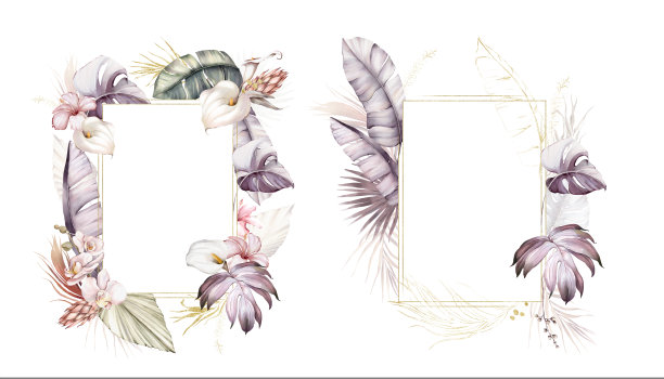 水彩热带框架设置，邀请设计的婚礼或贺卡。花框与棕榈叶，热带花朵。图片下载