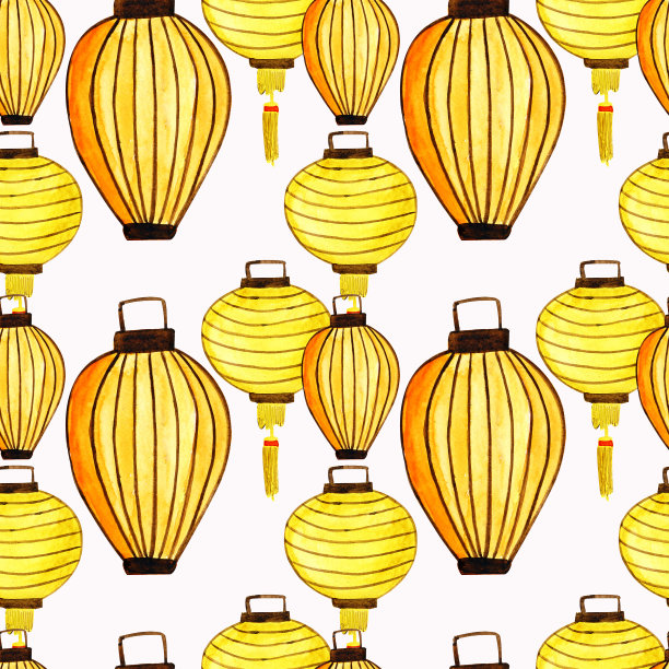 水彩无缝图案中国纸黄灯笼。图片下载