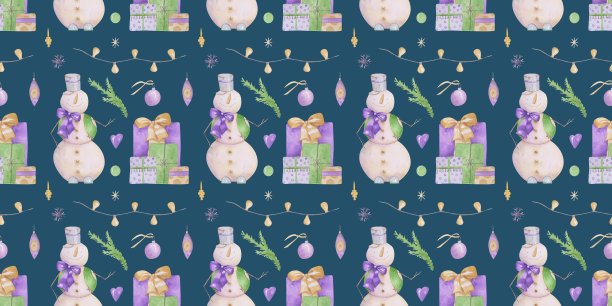 蓝色背景上的圣诞无缝图案。没完没了的印着礼品盒，一个雪人，一片雪花，一个紫色的心，一个花环的彩灯，还有一棵圣诞树的树枝。图片下载