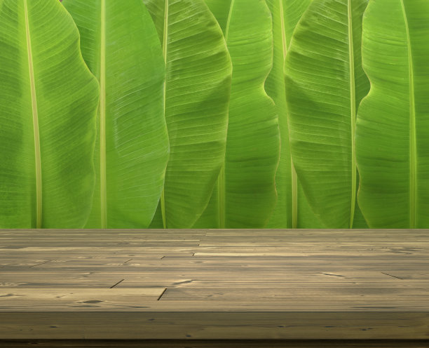 木制桌子，整个新鲜的芭蕉叶背景图片下载