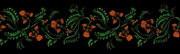 乌克兰民间绘画风格Petrykivka。花水彩无缝的边界图案从红色三色花和绿叶在黑色的背景。民族设计图片下载