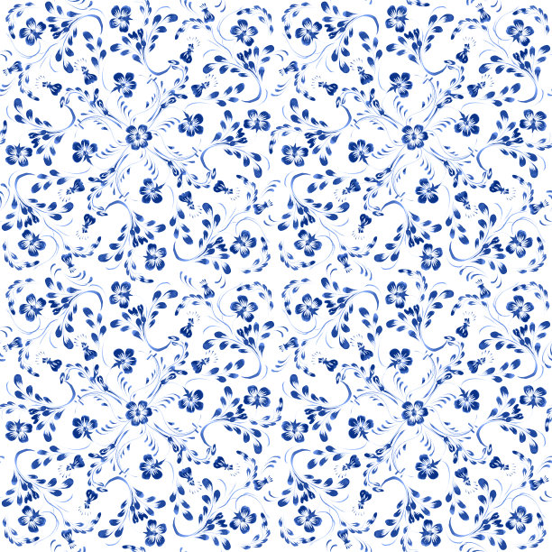乌克兰民间绘画风格Petrykivka。花卉水彩无缝图案从蓝色长春花和白色的叶子上。民族设计图片下载
