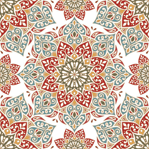 蓝、黄、红无缝图案，有曼荼罗装饰。传统的阿拉伯和印度图案。伟大的织物和纺织品，墙纸，包装或任何理想的想法。图片下载