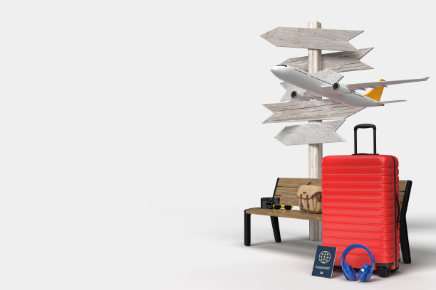 带有路标和旅行配件的行李箱，背景上是度假必备物品。冒险旅游暑期旅游概念设计。三维渲染图片下载