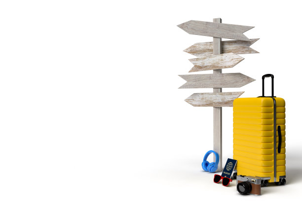 带有路标和旅行配件的行李箱，背景上是度假必备物品。冒险旅游暑期旅游概念设计。三维渲染图片下载