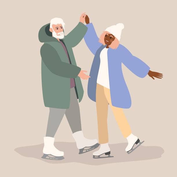 在溜冰场上一起滑冰的情侣，手牵着手图片下载