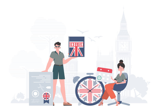 学习英语的概念。男女英语老师。平坦的现代风格。插图在向量。图片下载