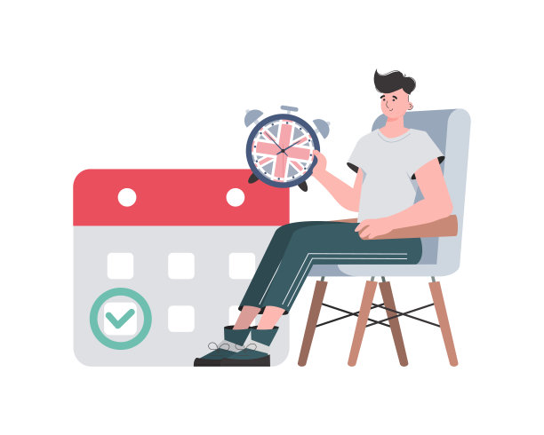 一个人，一个标有日期的日历和一个时钟。英语教学的概念。孤立。时尚的风格。向量。图片下载