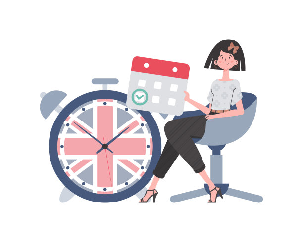 姑娘，日历上有标记的日期和时钟。学习英语的概念。孤立。时尚卡通风格。向量。图片下载