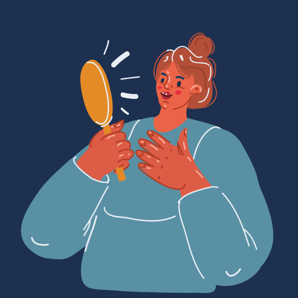 卡通矢量插图的年轻女子看着镜子，看到她快乐的映像。自我接纳和自信的概念。图片下载