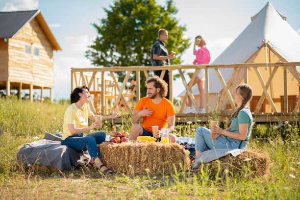 这是一群朋友的好时光，多种族的人在露营地见面，他们享受在一起的时间，坐在干草堆上，留下回忆的照片图片下载