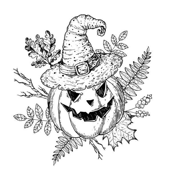 万圣节南瓜和女巫帽子素描。有南瓜和秋叶的万圣节花束。手绘矢量插图。杰克灯。为节日万圣节设计。图片下载