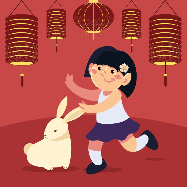 女孩和兔子过中秋节图片下载