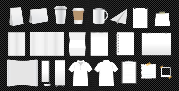 一套白色的企业形象模板设计，孤立的裁剪路径为设计作品空出自由空间模拟产品展示展示。图片下载