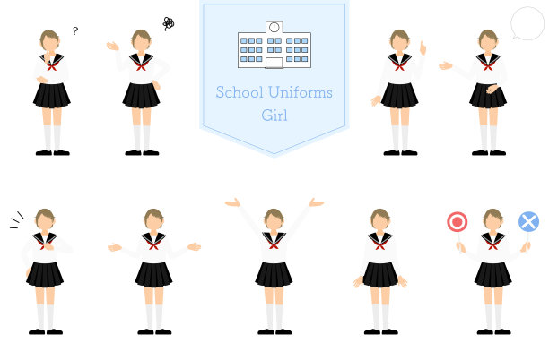 女孩穿着白色的学校水手服，摆姿势，询问，尴尬，指向，说话，等。图片下载